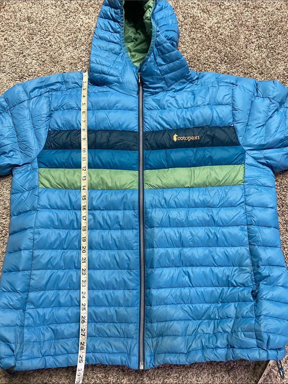 cotopaxi Blue Hooded Puffer Jacket Green and Navy Stripes Men’s Size 2XL - 1511 - Picture 12 of 15
